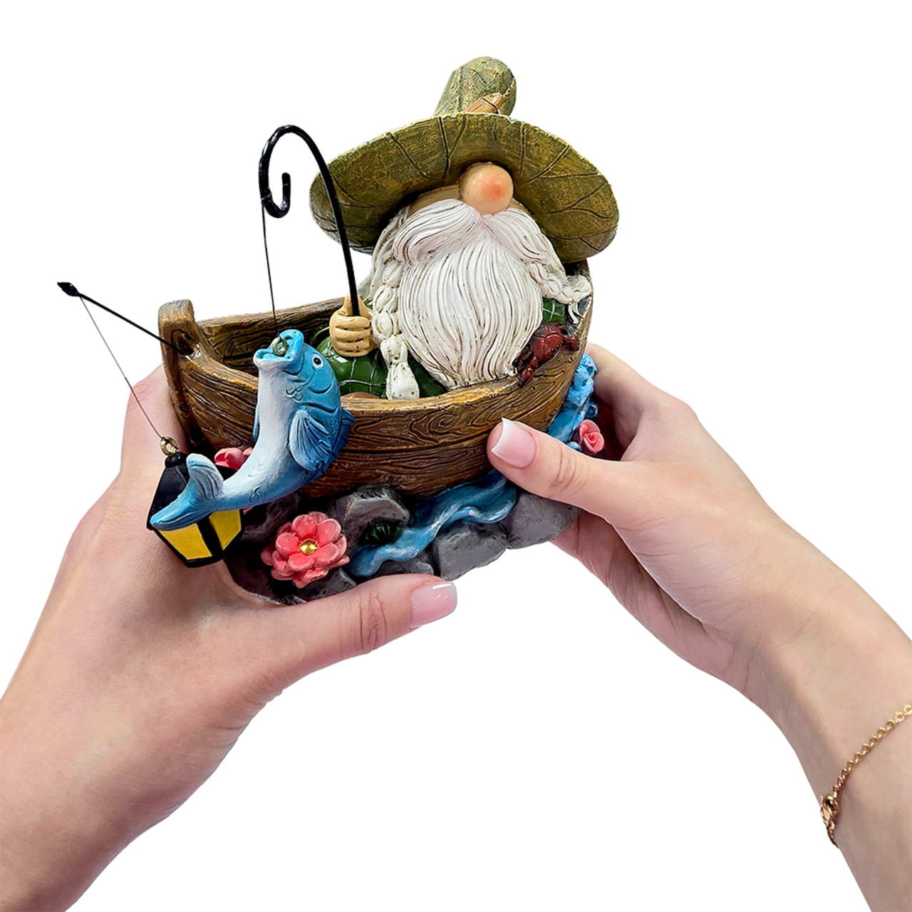 Fishing Gnome with Lantern Garden Statue, 6" Lighted Dwarf Figurine Outdoor Decor